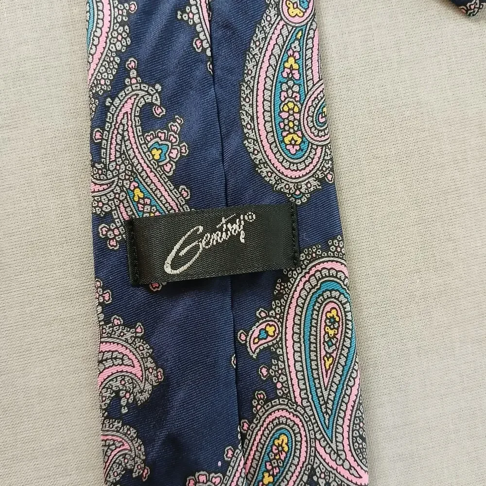 Vintage Gentry Navy Paisley Mens Necktie classic 70s pink yellow retro